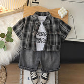Boys Black Checked Shirt With Printed T-Shirt And Denim Shorts Sets