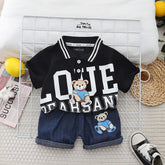 Boys Black Bear Printed Polo Polo T-Shirt With Denim Shorts Sets