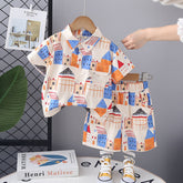 Boys Apricot Printed Short Sleeve Shirt With Shorts Set