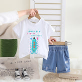 Boys White Graphic Printed Short Sleeves T-Shirt With Denim Shorts Set
