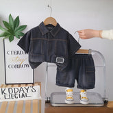 Boys Black Denim Short Sleeves Shirt & Shorts Co-ord Sets