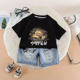Boys Black Cap Graphic Short Sleeve T-Shirt With Distressed Denim Shorts Sets