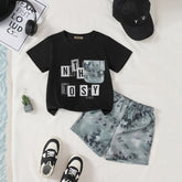 Boys Black Typographic Printed Contrast Patch Pocket T-Shirt With Shorts Set