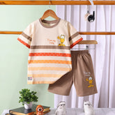 Boys Beige Cartoon Graphic Stripes T-Shirt With Elasticated Shorts Sets