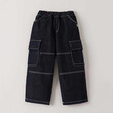 Boys Black Solid Cargo Jeans With Elasticated Waistband