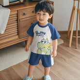 Boys Blue Happy Dinosaur Print Raglan Sleeve T-Shirt With Shorts Set