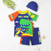 Boys Blue Dinosaur Printed T-Shirt With Shorts & Cap Swimwear Sets