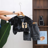 Boys Black Typographic Print Short Sleeves T-Shirt With Denim Shorts Set