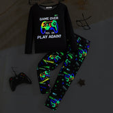 Boys Black Gaming Printed Glow in the Dark T-Shirt with Pajama Set