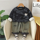 Boys Black Typographic Regular Sweatshirt With Denim Trousers Sets