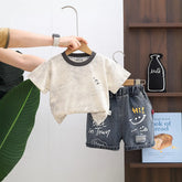 Boys Beige Typographic Print T-Shirt With Distressed Denim Shorts Set