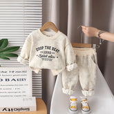 Boys Beige Typographic Printed Sweatshirt With Jogger Sets