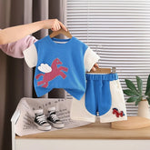 Boys Blue Horse Printed Short Sleeve T-Shirt With Elasticated Shorts Sets