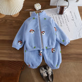 Boys Blue Fleece Puppy Cartoon Printed Zip-up Jacket With Jogger Co-ord Sets