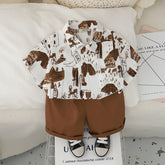 Boys Abstract Printed Short Sleeves Shirt With Brown Shorts Set
