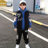 Boys Blue Graphics Printed hoodie With Sleeveless Jacket & Jogger Sets