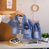 Boys Blue Denim Shirt & Shorts With Sleeveless T-Shirt Sets