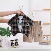 Boys Black Checked Short Sleeve Shirt With Printed T-Shirt And Shorts Sets