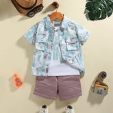 Boys Blue Abstract Printed Shirt With Shorts & T-Shirt Sets