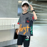 Boys Black Stripes & Typographic Printed Oversized T-Shirt With Shorts Set