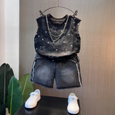 Boys Black Star Print Sleeveless T-Shirt With Denim Shorts Sets