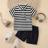 Boys Black Stripes Short Sleeves Polo T-Shirt With Shorts Set