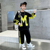 Boys Black Typographic Printed Winter Sweatshirt With Pants Sets