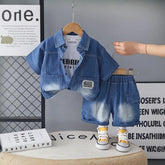 Boys Blue Denim Shirt & Shorts With Printed T-Shirt Sets