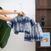 Boys Blue Denim Tie-Dye Printed Shirt & Short Co-ord Sets