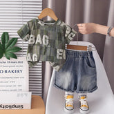 Boys Army Green Typographic Printed Short Sleeves T-Shirt With Denim Shorts Sets