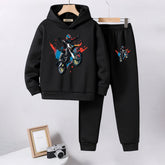 Boys Black Motorcycle Printed Hooded Sweatshirt with Joggers Set