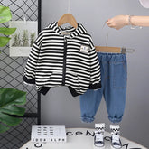 Boys Black Stripes Hooded Zipper Jacket With Denim Jogger Sets