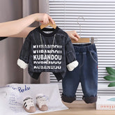 Boys Black Typographic Printed Sweatshirt With Denim Pants Set
