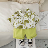 Boys Abstract Printed Short Sleeves Shirt With Green Shorts Set