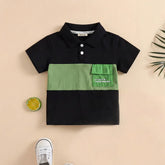 Boys Black Color-blocked Polo T-Shirt With Short Sleeves