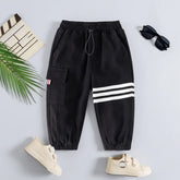 Boys Black Three Stripes Print Cargo Pants