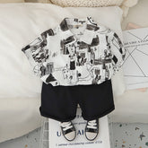 Boys Abstract Printed Short Sleeves Shirt With Black Shorts Set