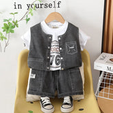 Boys Black Denim Sleeveless Vest & Shorts With Printed T-Shirt Sets