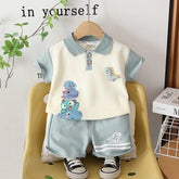 Boys Blue Dinosaur Printed Polo T-Shirt With Shorts Set