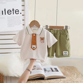 Boys Bear Patch Embroidered Polo T-Shirt With Necktie & Green Shorts Set