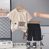 Boys Beige Typographic Printed Short Sleeve T-Shirt With Elasticated Shorts Sets