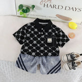 Boys Black Lion Printed Short Sleeve Polo T-Shirt With Denim Shorts Sets