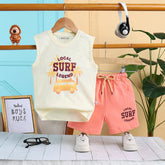 Boys Apricot Surf Printed Vest With Drawstring Shorts Sets