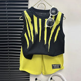 Boys Black Abstract Printed Sleeveless T-Shirt With Shorts Sets