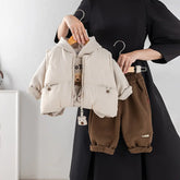 Boys Beige Jacket With Regular Applique Sweatshirt With Trouser Sets