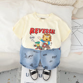 Boys Apricot Graphic Short Sleeves T-Shirt With Printed Denim Shorts Set
