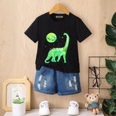 Boys Black Dinosaur Graphic Short Sleeves Round Neck T-Shirt