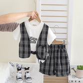 Boys Black Checked Mock Waistcoat T-Shirt With Shorts Set