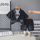Boys Black Denim Shirt & Shorts With Printed T-Shirt Sets