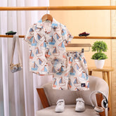 Boys Blue Boat Graphics Short Sleeve Shirt With Elasticated Shorts Sets